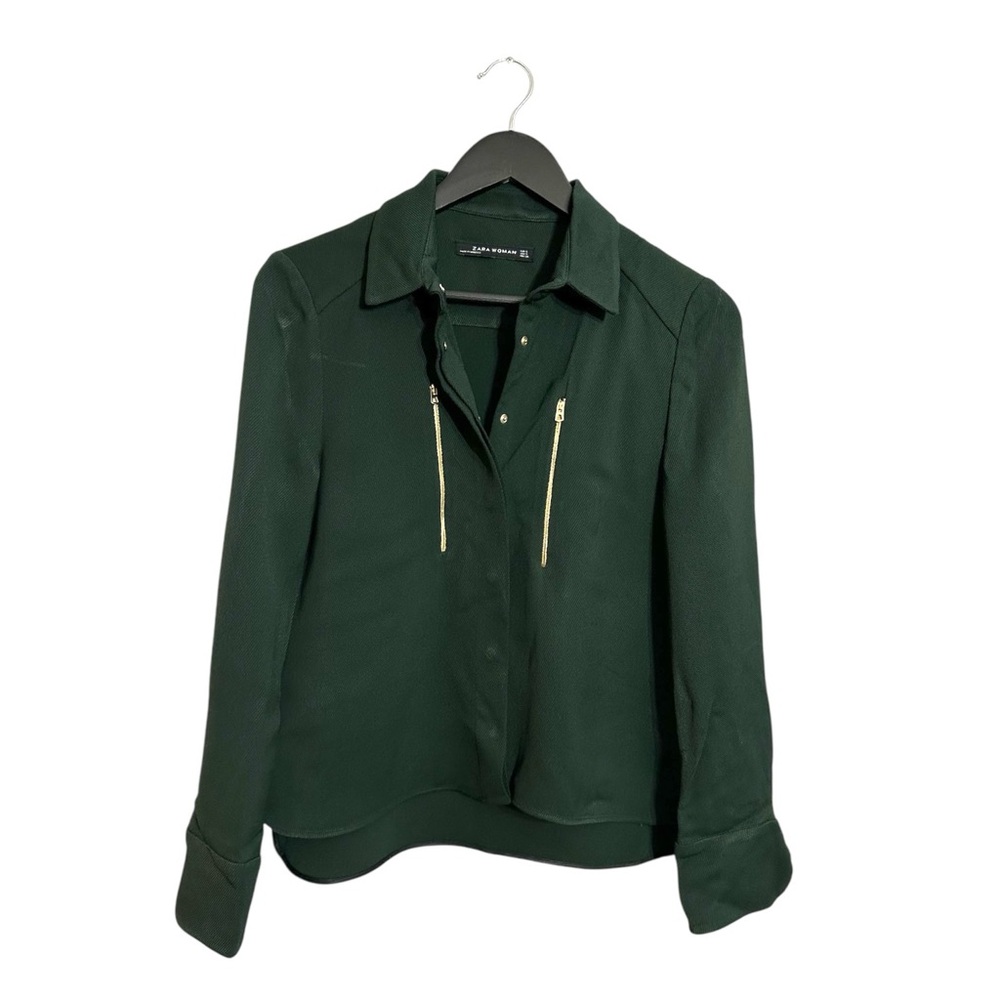 Zara Woman Forest Green Zip Detail Blouse Size XS Gold Hardware